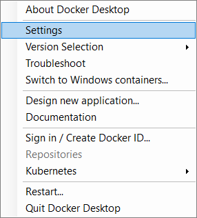 Docker Desktop Enterprise popup menu