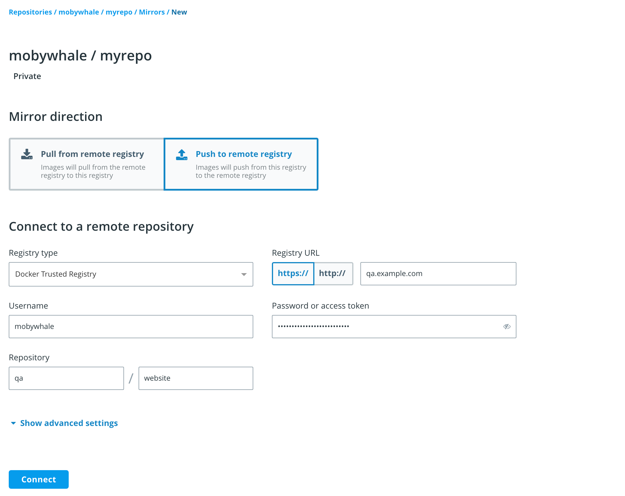 Setting up a push mirroring policy